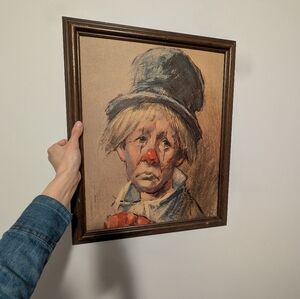 Vintage Clown Portrait Art in Wooden Frame